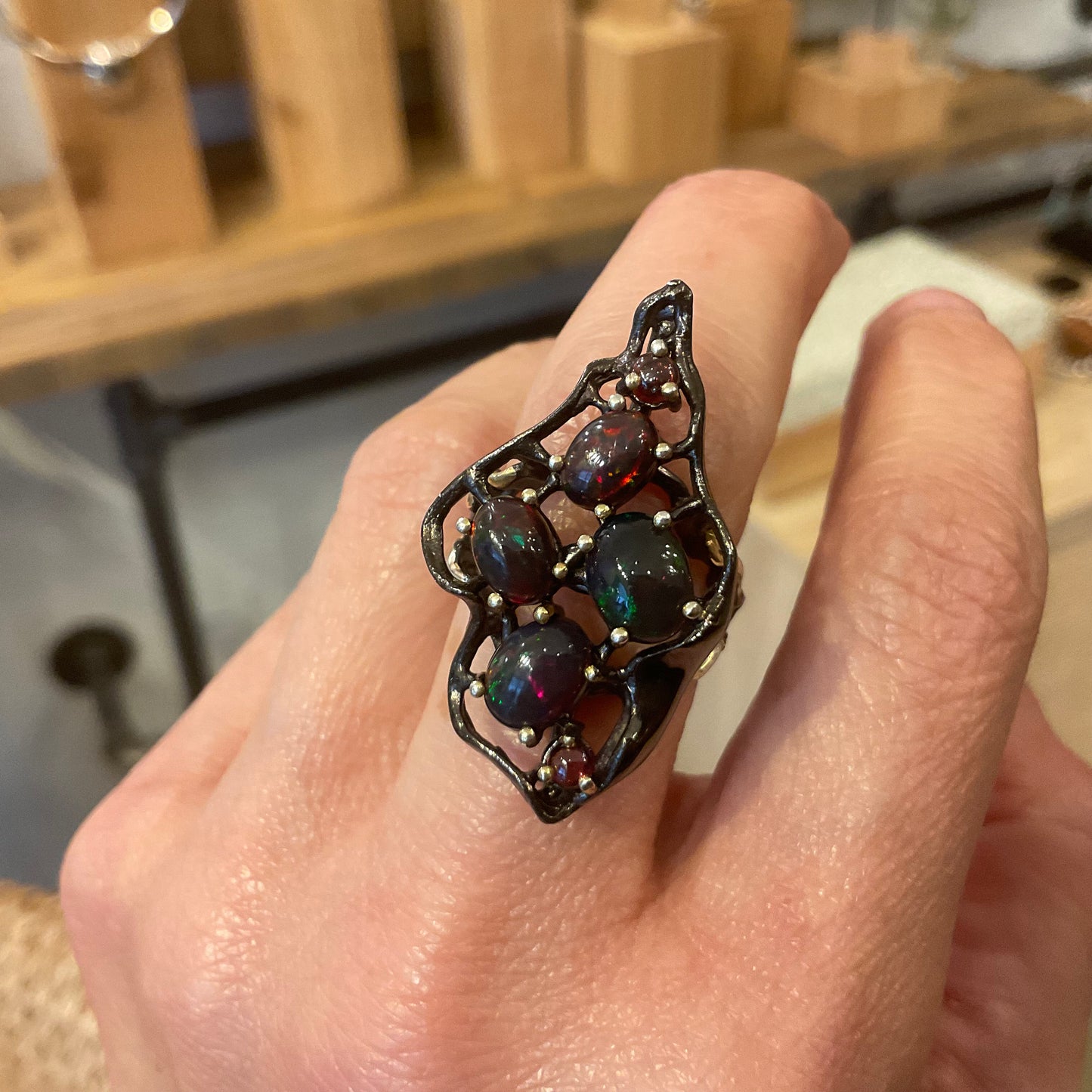 sterling silver Natural black red mesmerizing  Fire Opal ring 7
