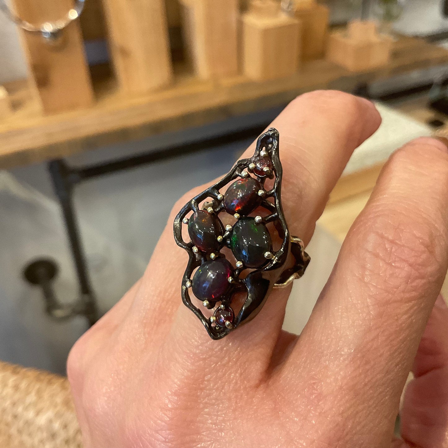 sterling silver Natural black red mesmerizing  Fire Opal ring 7