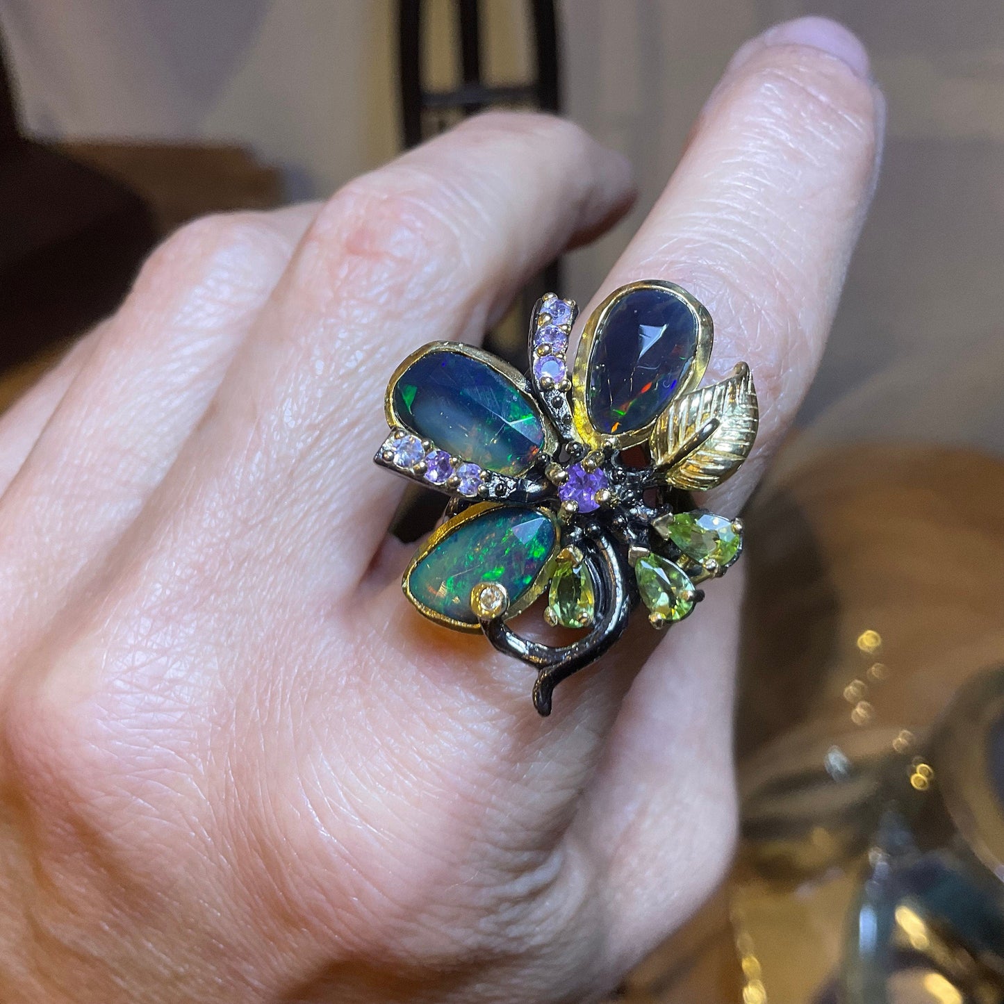 Sterling Silver Black blue fire opal heirloom ring 8 Colors Of Etnika