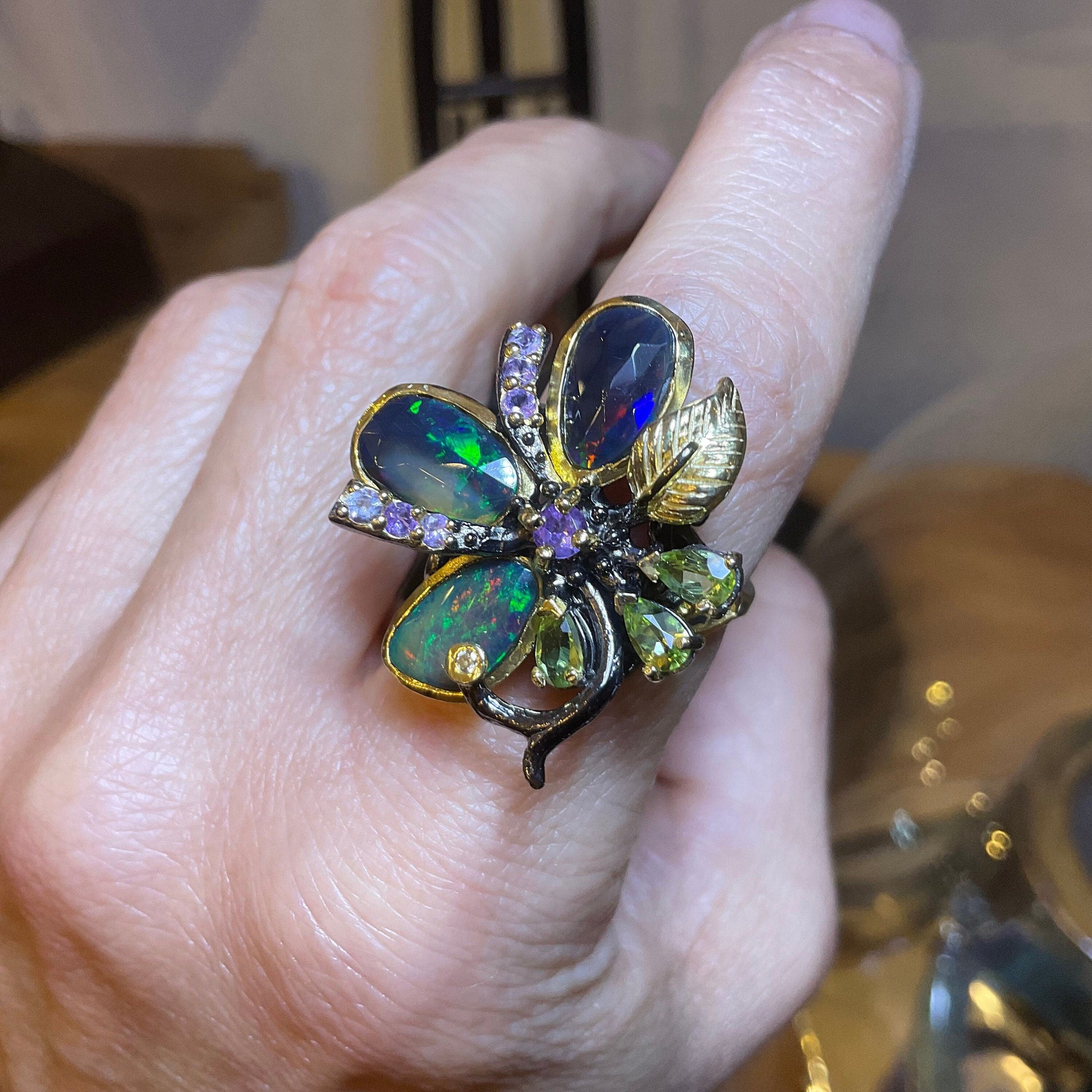 Sterling Silver Black blue fire opal heirloom ring 8 Colors Of Etnika