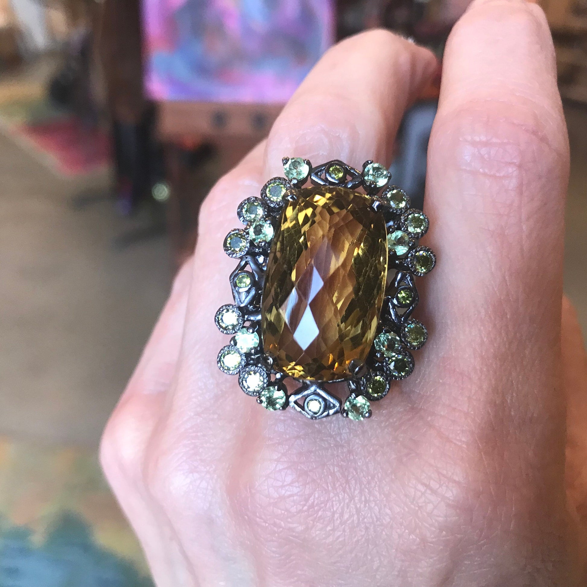 Sterling Silver Natural citrine peridot baguette statement Ring 7 Colors Of Etnika