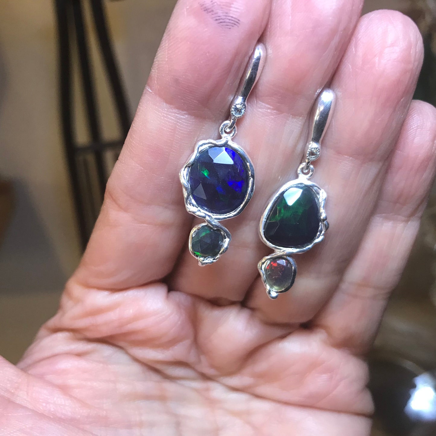 Sterling Silver Natural black fire Opal post dangle Earrings