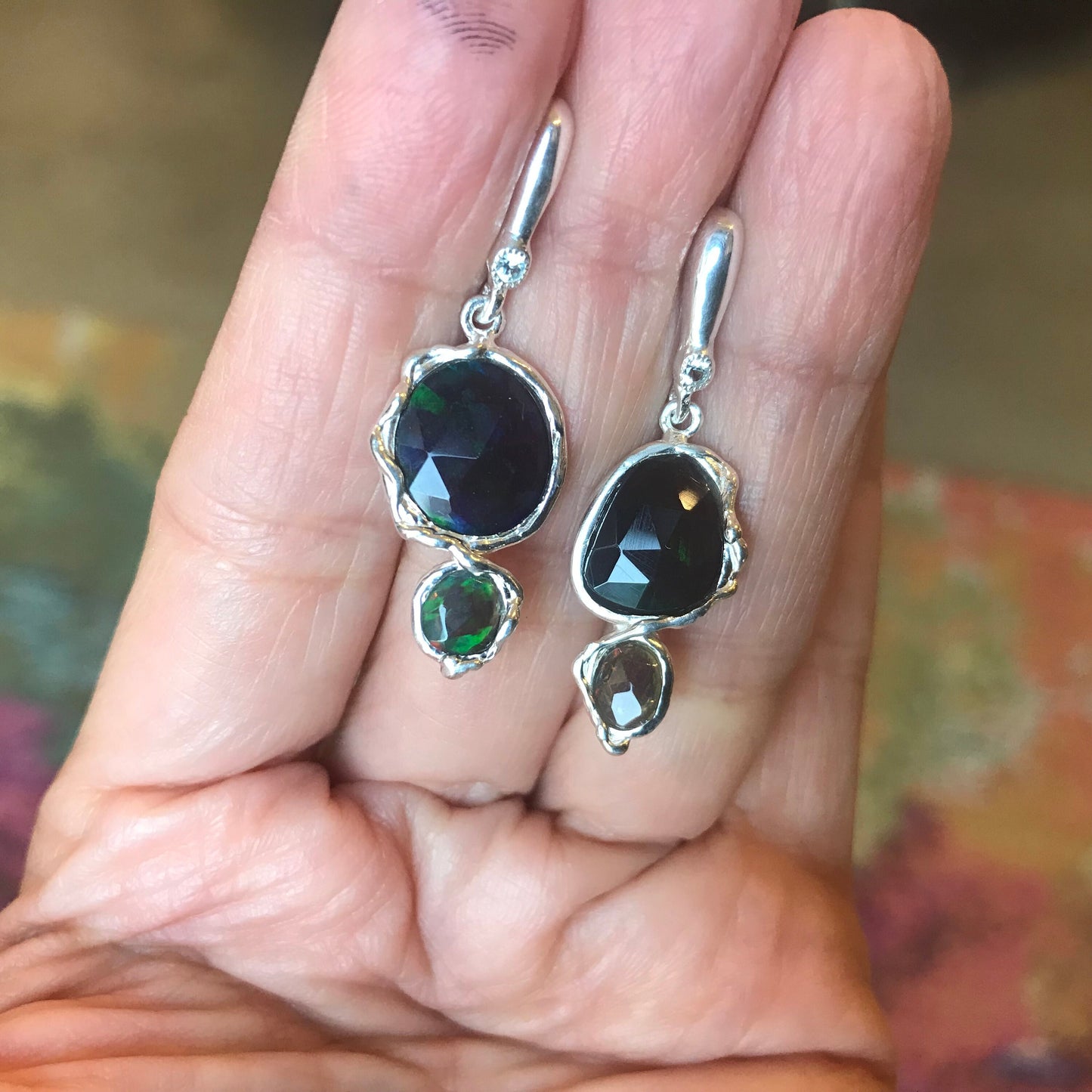 Sterling Silver Natural black fire Opal post dangle Earrings