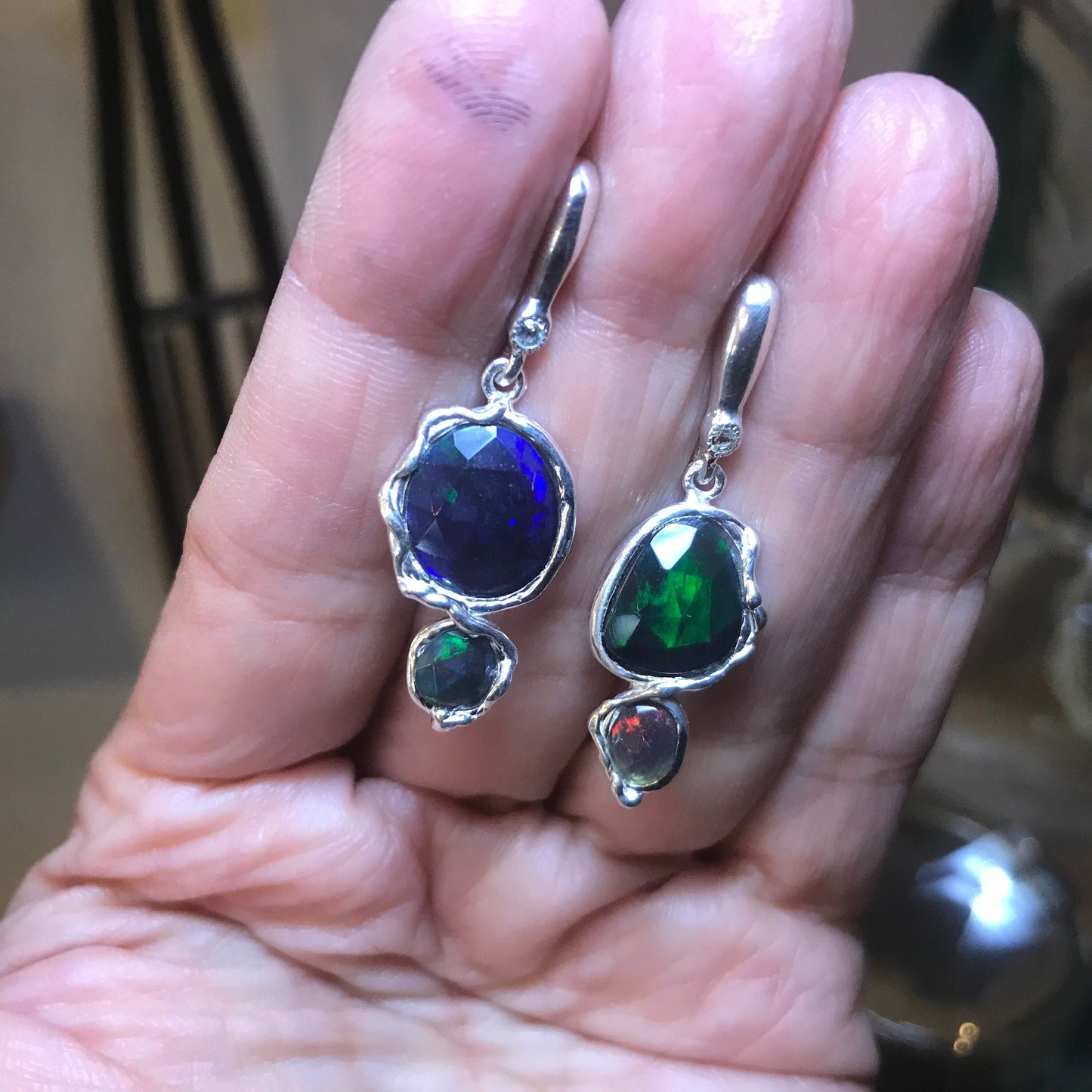 Sterling Silver Natural black fire Opal post dangle Earrings