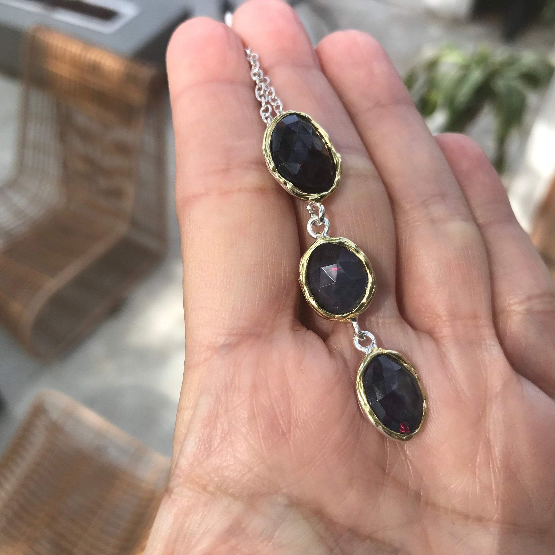 Natural black Fire opal Sterling Silver pendant Necklace 18” Colors Of Etnika