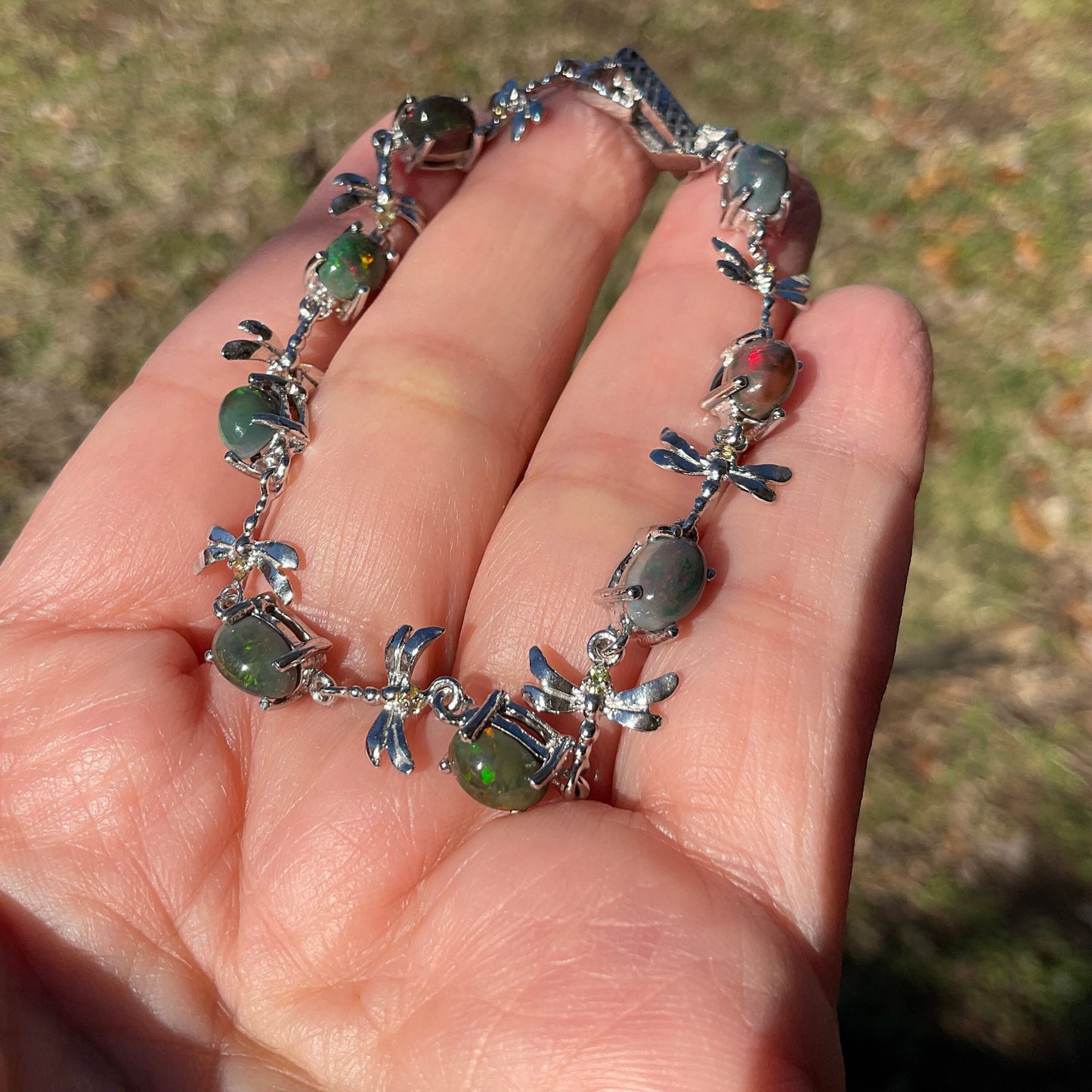 Handmade Sterling Silver Natural Black Opal tenis bracelet