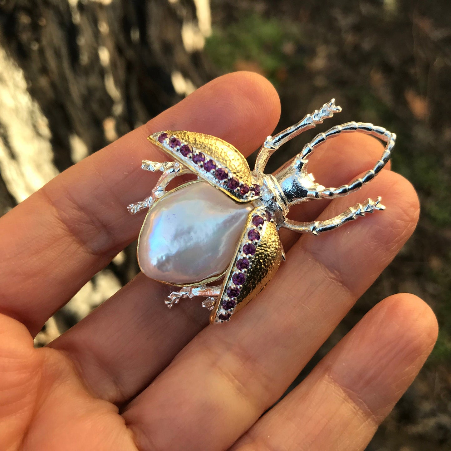 Sterling silver baroque pearl Beetle collectible brooch pin Colors Of Etnika