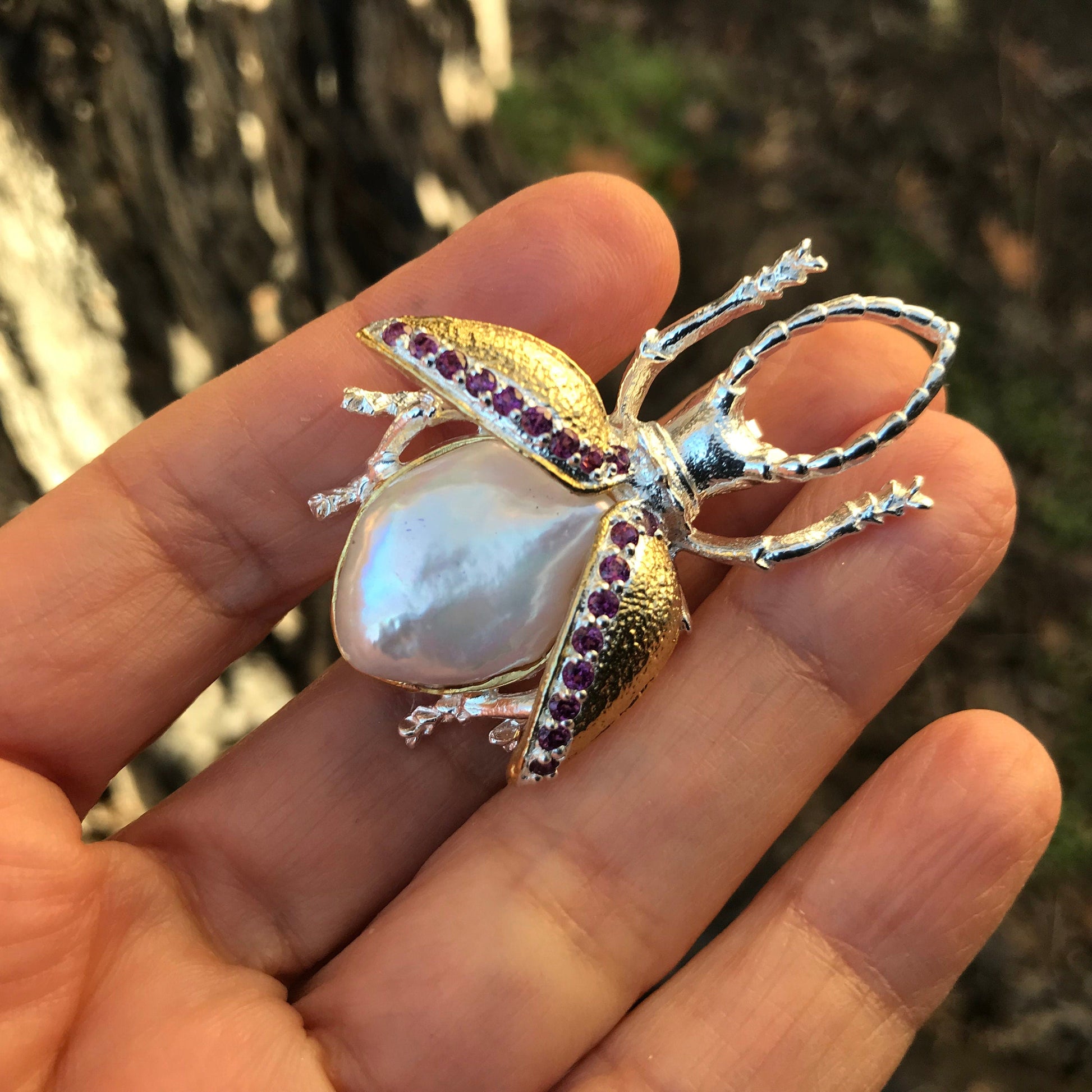 Sterling silver baroque pearl Beetle collectible brooch pin Colors Of Etnika