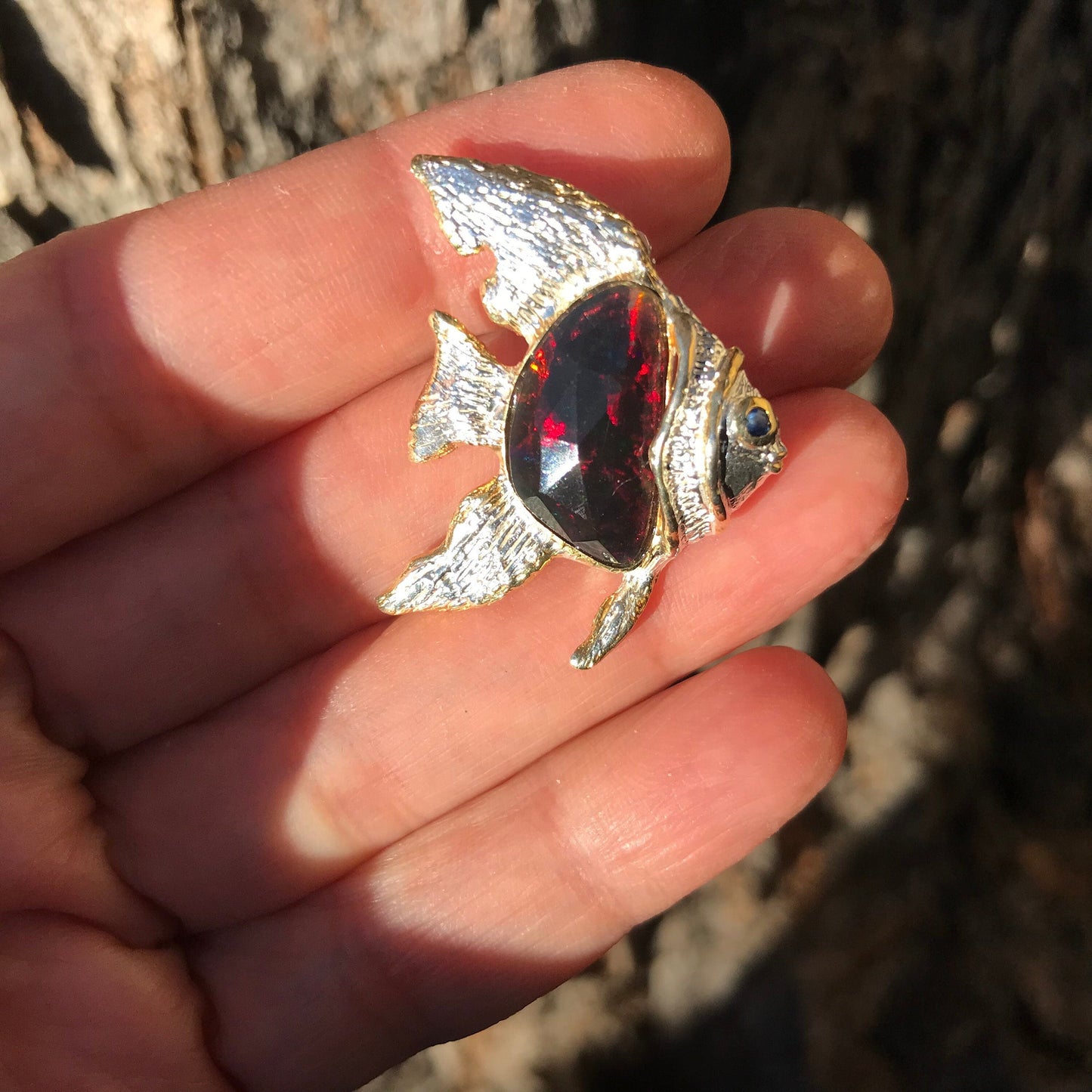 Sterling silver rainbow natural opal fish brooch pin Colors Of Etnika