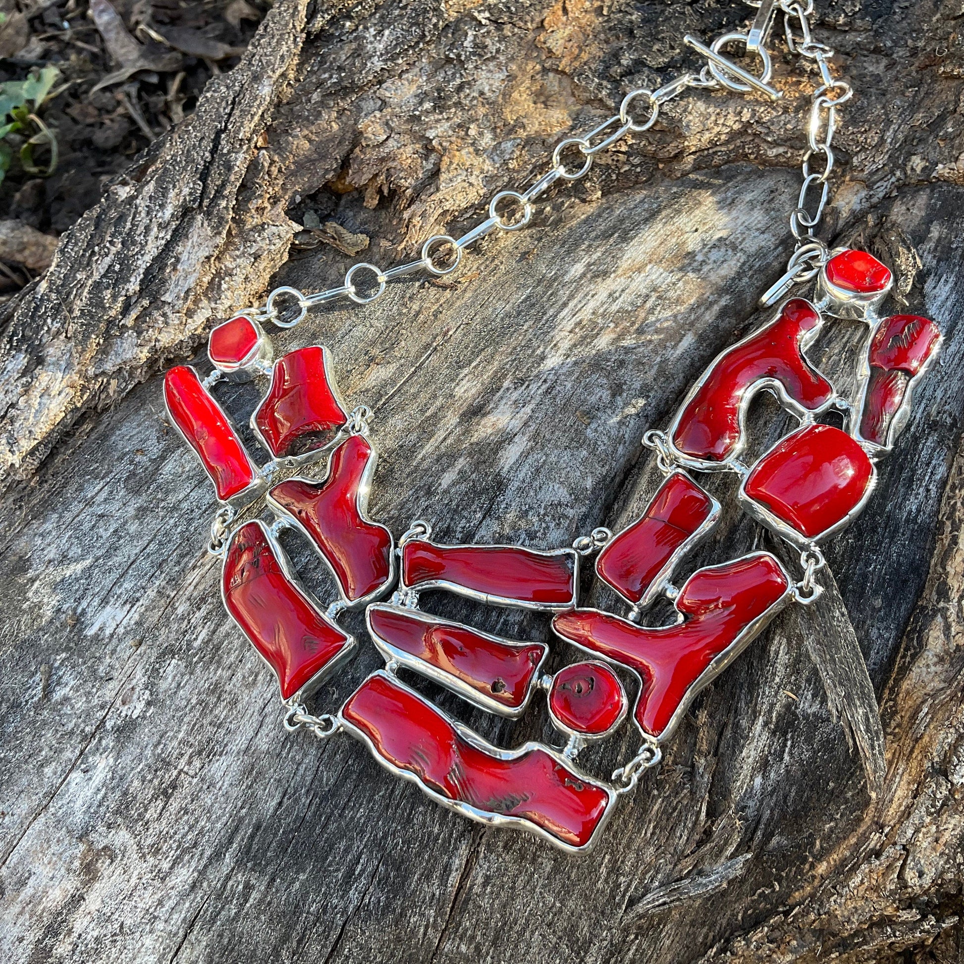Sterling Silver Natural red coral organic Statement Necklace Colors Of Etnika