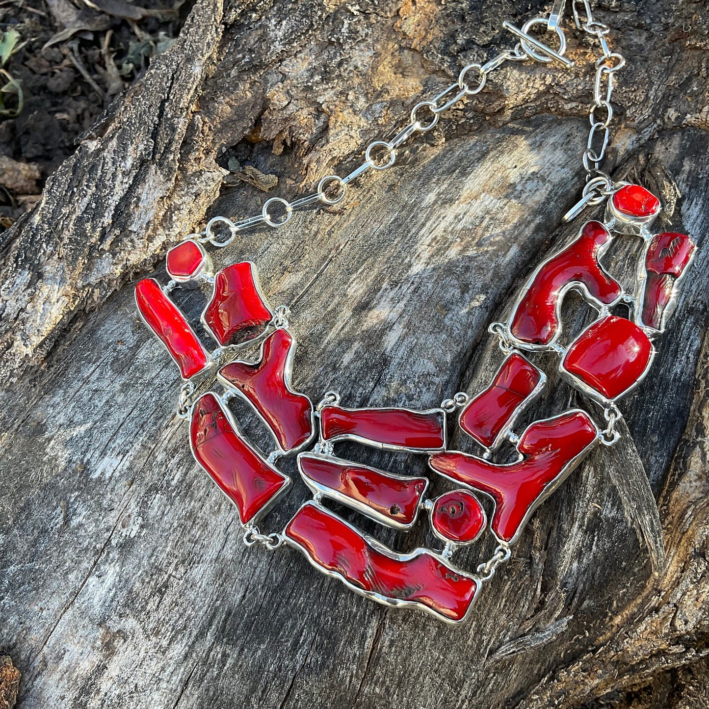 Sterling Silver Natural red coral organic Statement Necklace Colors Of Etnika