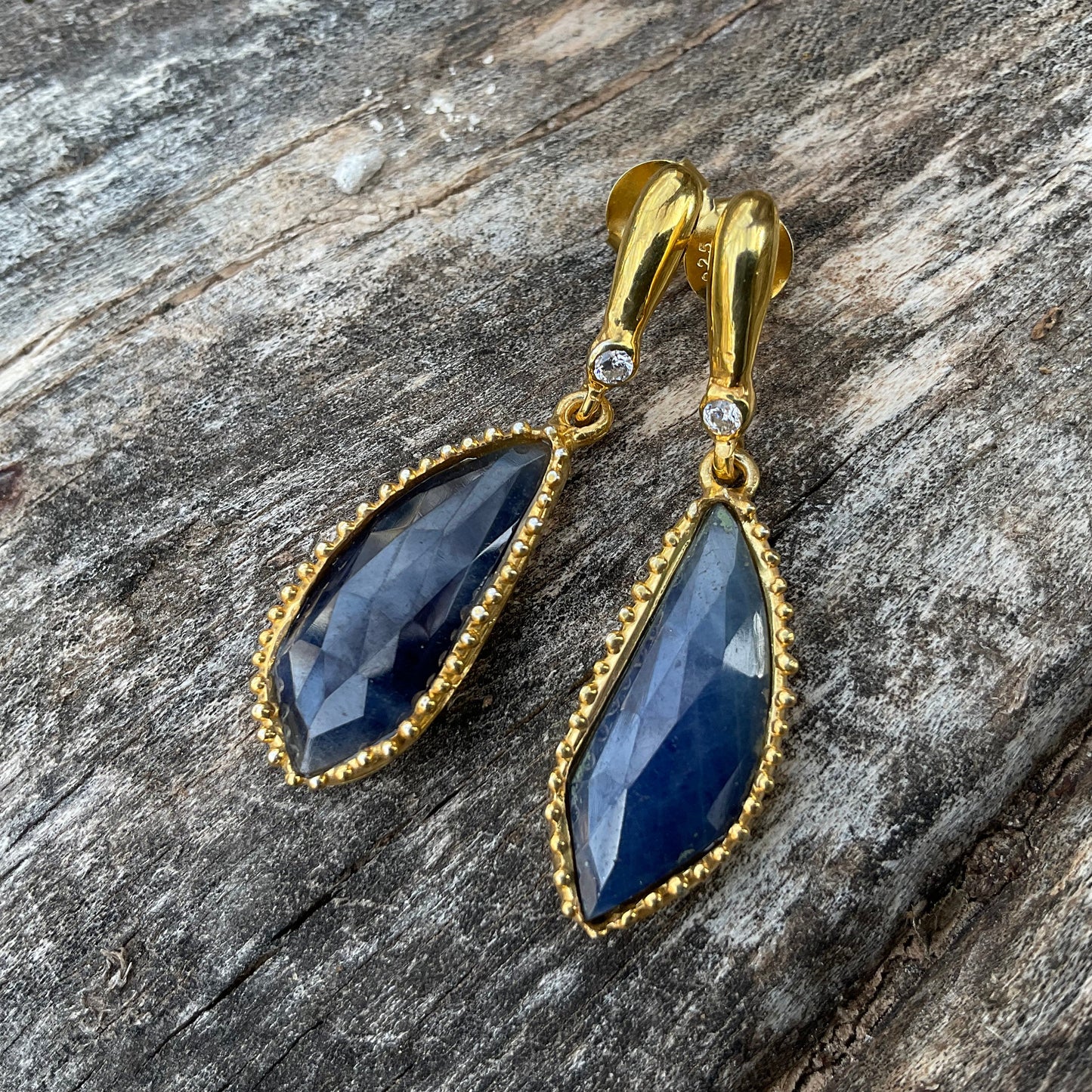 sterling Silver blue sapphire gold post dangle  Earrings Colors Of Etnika