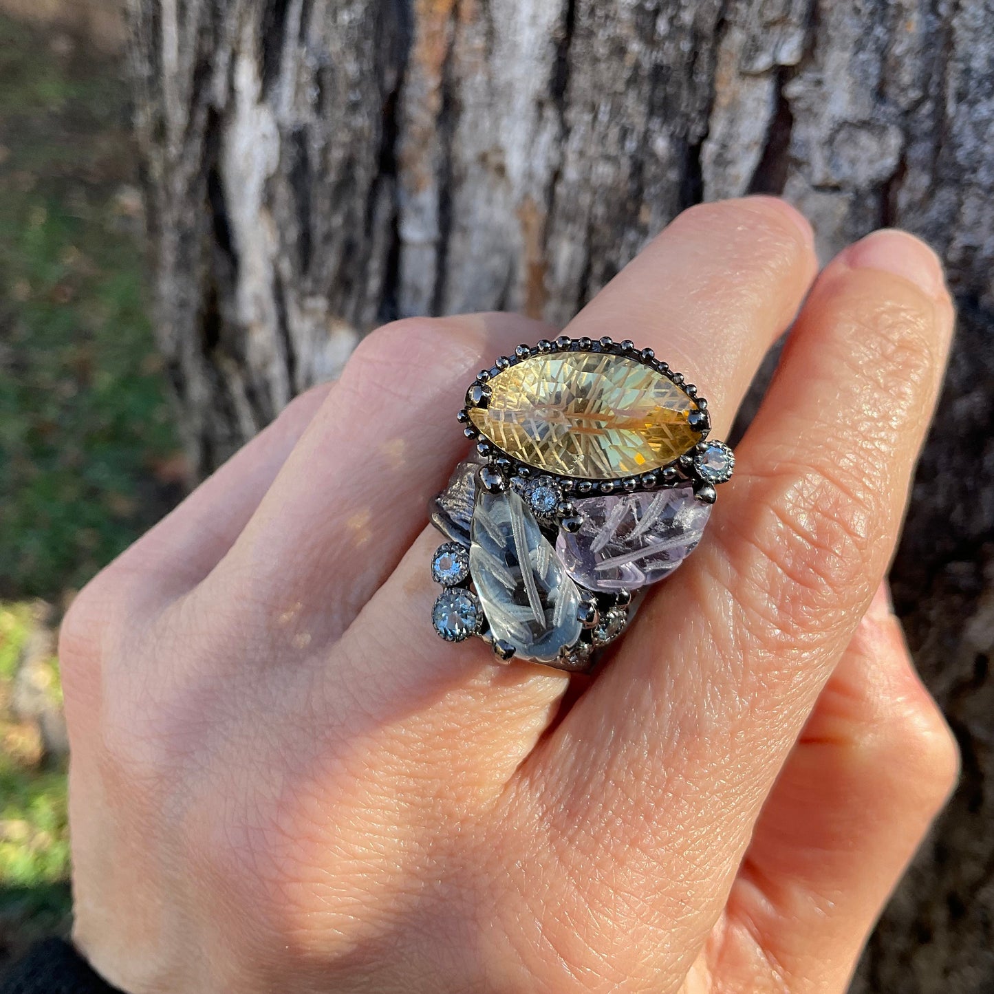 sterling Silver amethyst  topaz citrine carved band Ring 7.5 RESERVED Do NOT Buy