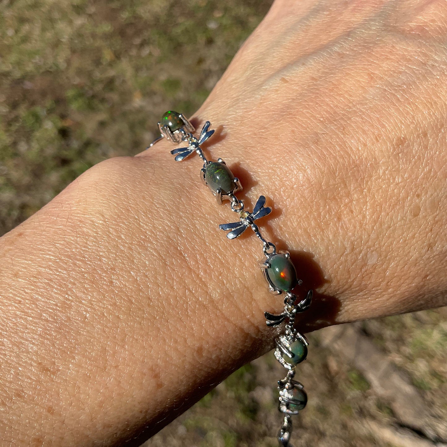 Handmade Sterling Silver Natural Black Opal tenis bracelet