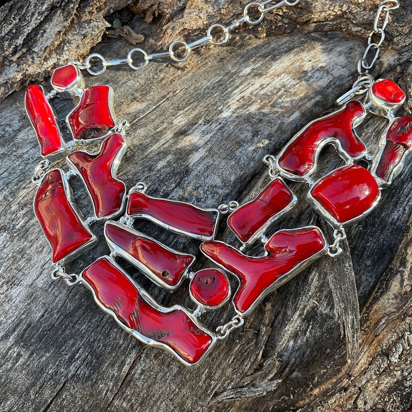 Sterling Silver Natural red coral organic Statement Necklace Colors Of Etnika