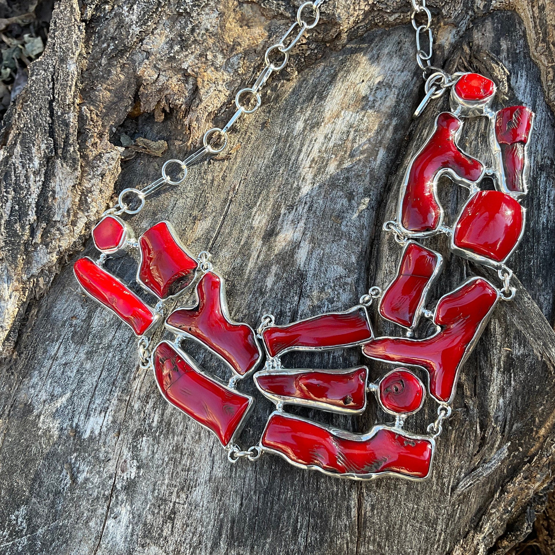 Sterling Silver Natural red coral organic Statement Necklace Colors Of Etnika
