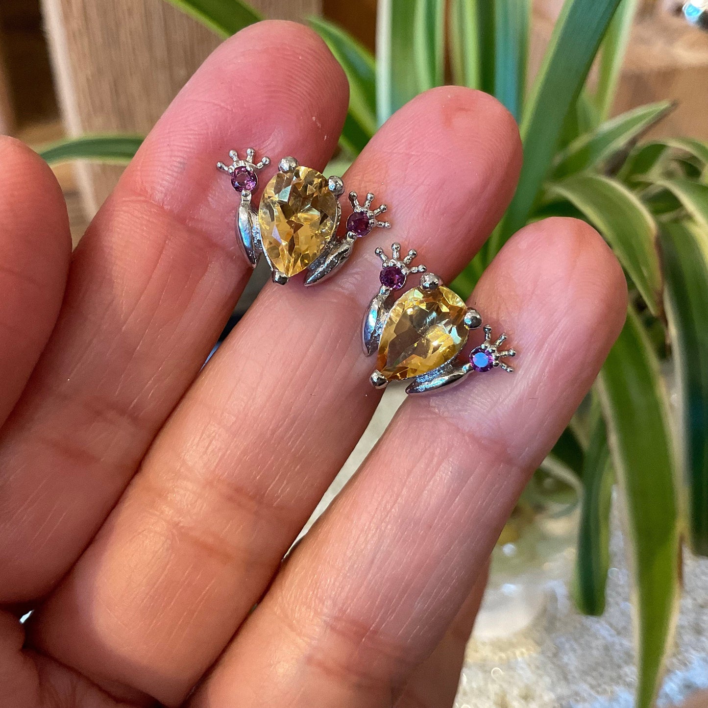 Sterling Silver Citrine frog tod rhodolite post earrings Colors Of Etnika