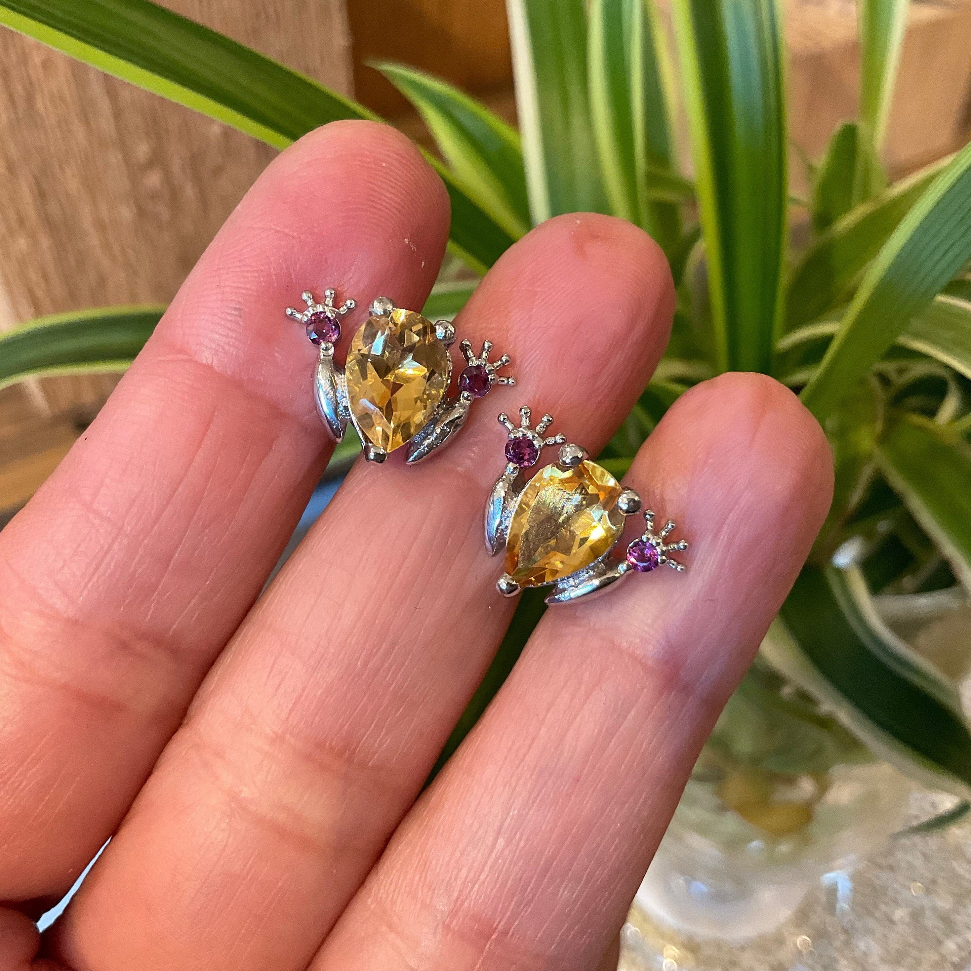 Sterling Silver Citrine frog tod rhodolite post earrings Colors Of Etnika