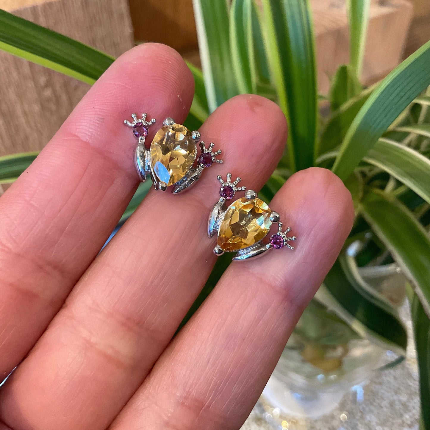 Sterling Silver Citrine frog tod rhodolite post earrings Colors Of Etnika