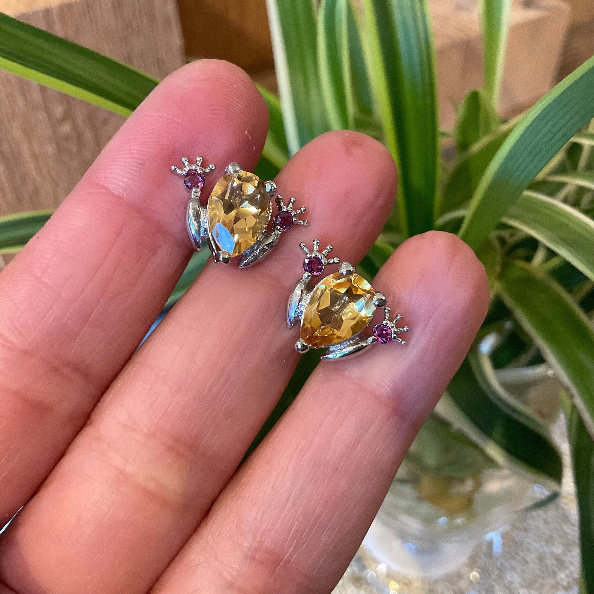 Sterling Silver Citrine frog tod rhodolite post earrings Colors Of Etnika