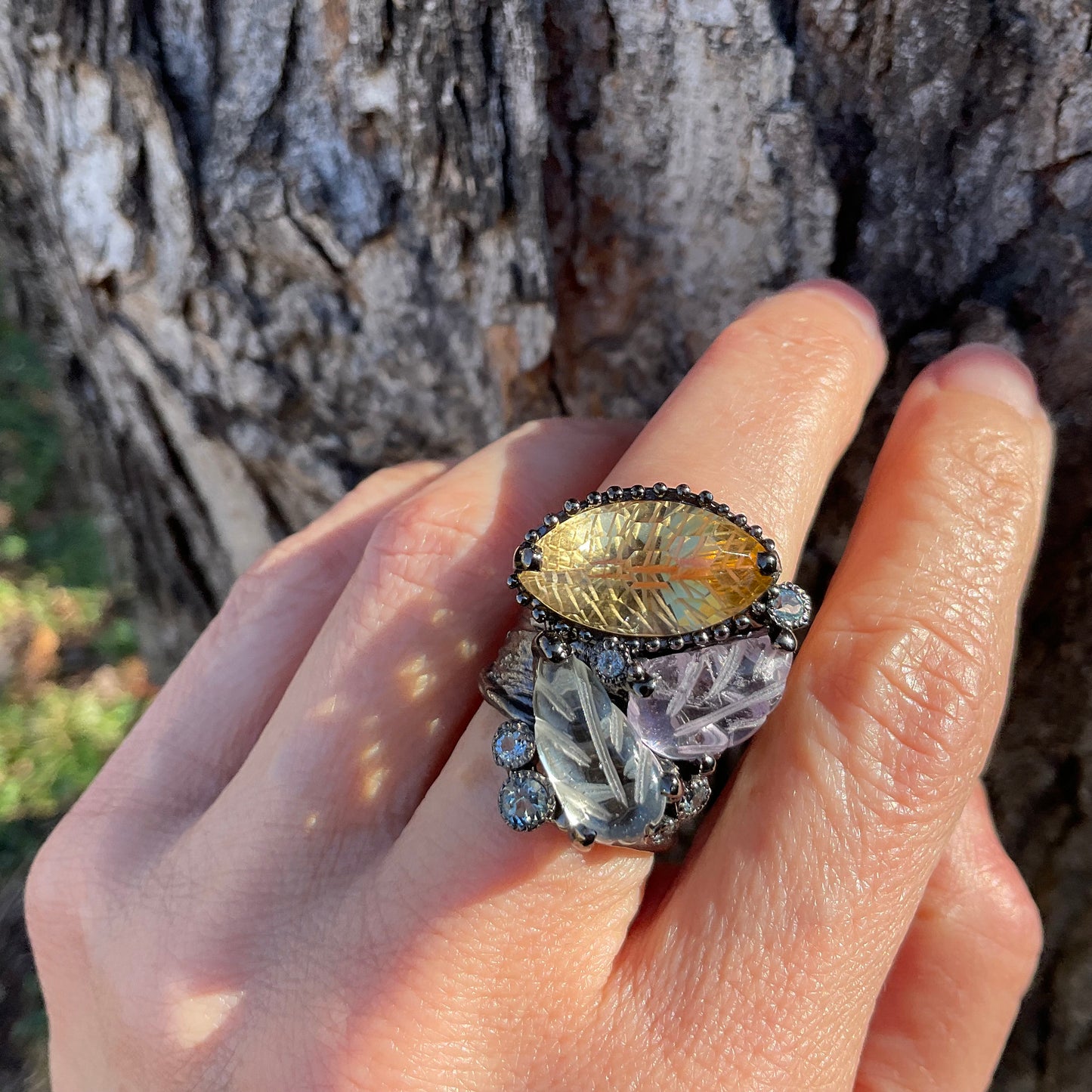 sterling Silver amethyst  topaz citrine carved band Ring 7.5 RESERVED Do NOT Buy