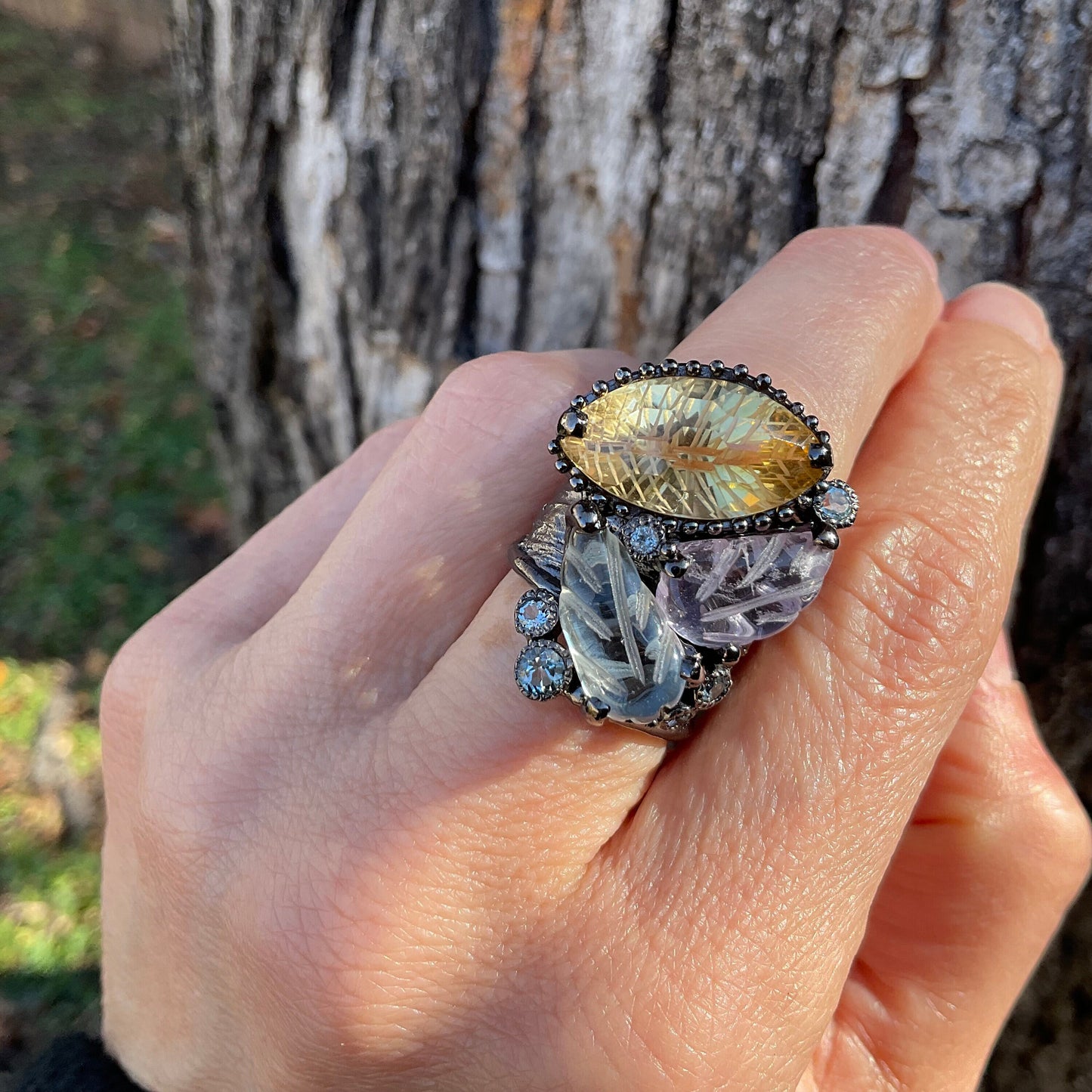 sterling Silver amethyst  topaz citrine carved band Ring 7.5 RESERVED Do NOT Buy