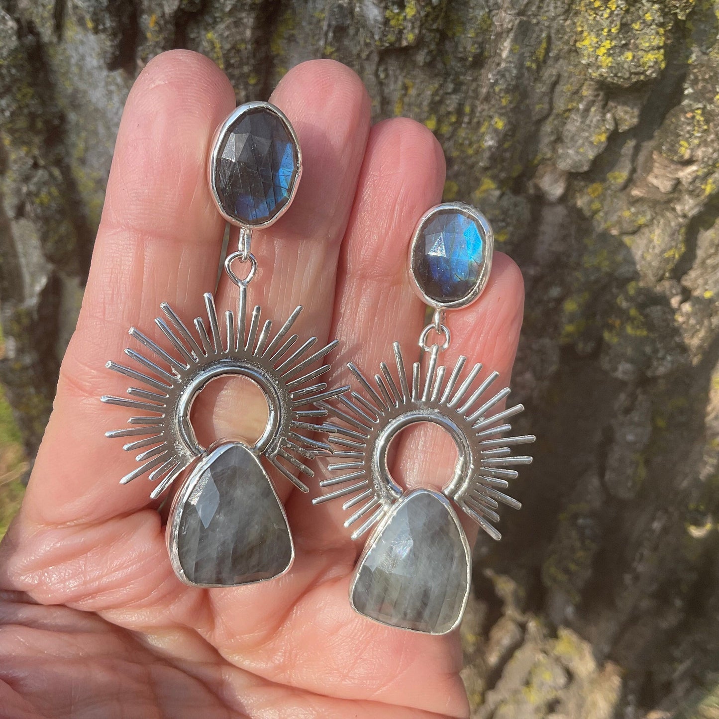Sterling Silver labradorite sapphire sunburst statement earrings Colors Of Etnika