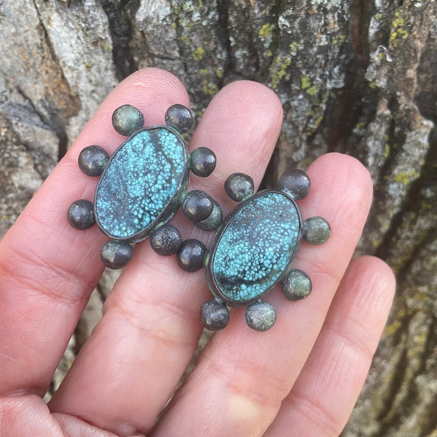 Sterling Silver moss turquoise brutalist sunburst post earrings Colors Of Etnika