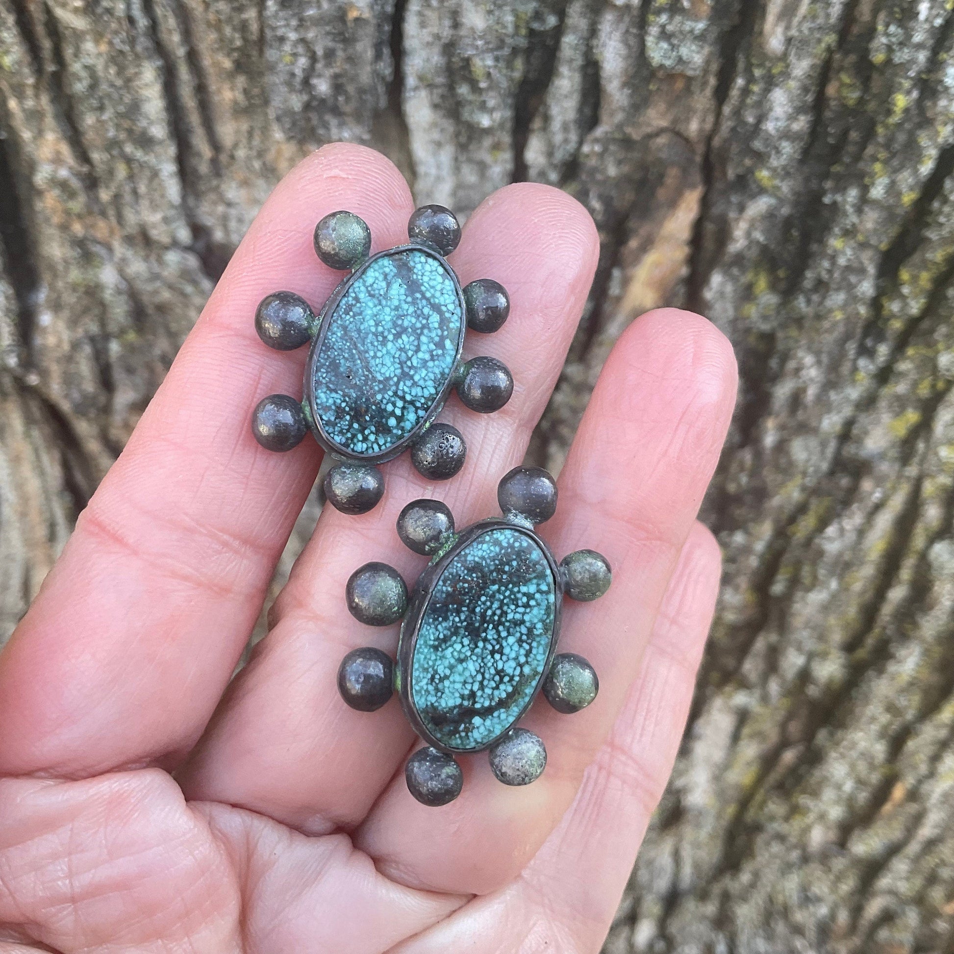 Sterling Silver moss turquoise brutalist sunburst post earrings Colors Of Etnika