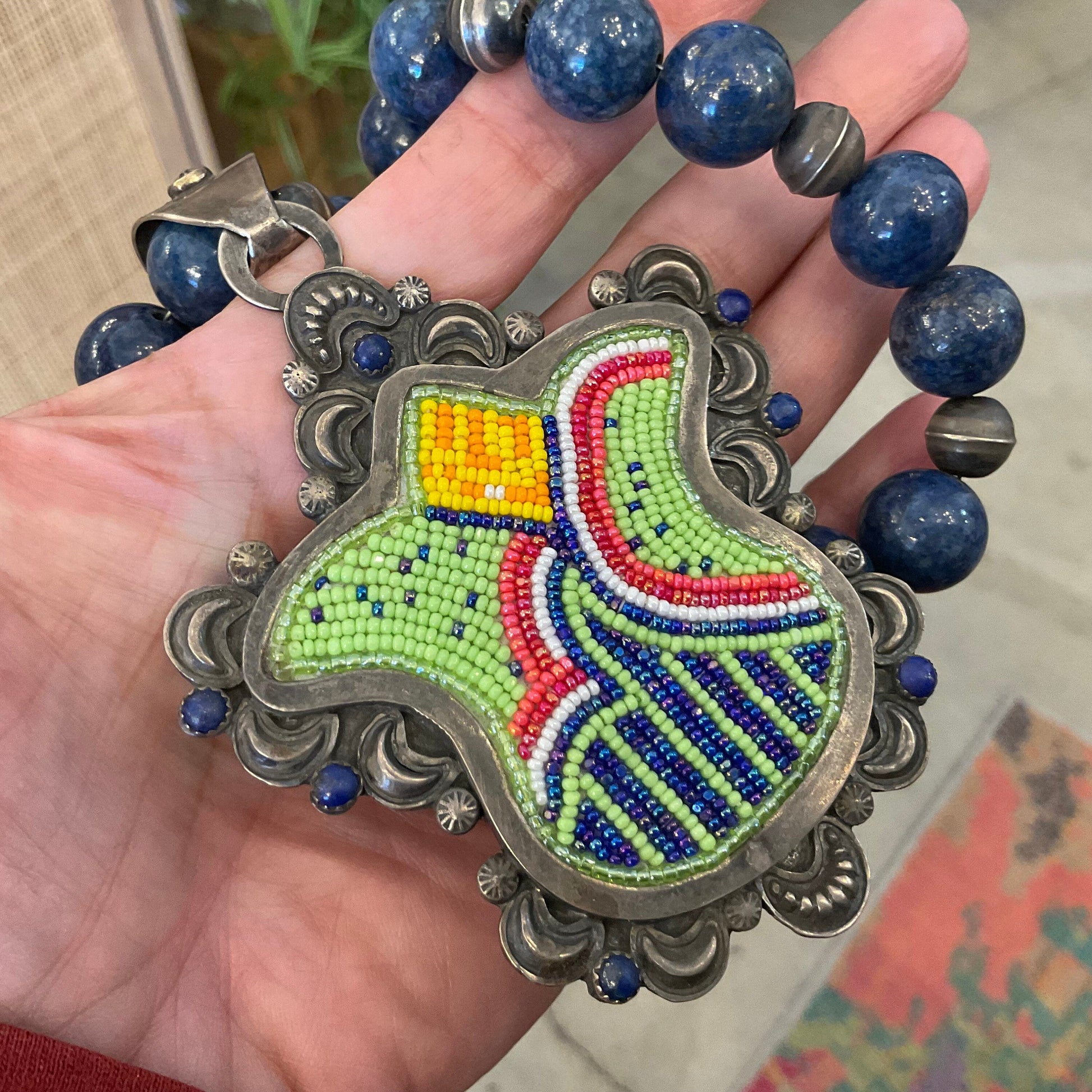 Sterling Silver beaded statement tulip necklace pendant lapis lazuli Colors Of Etnika
