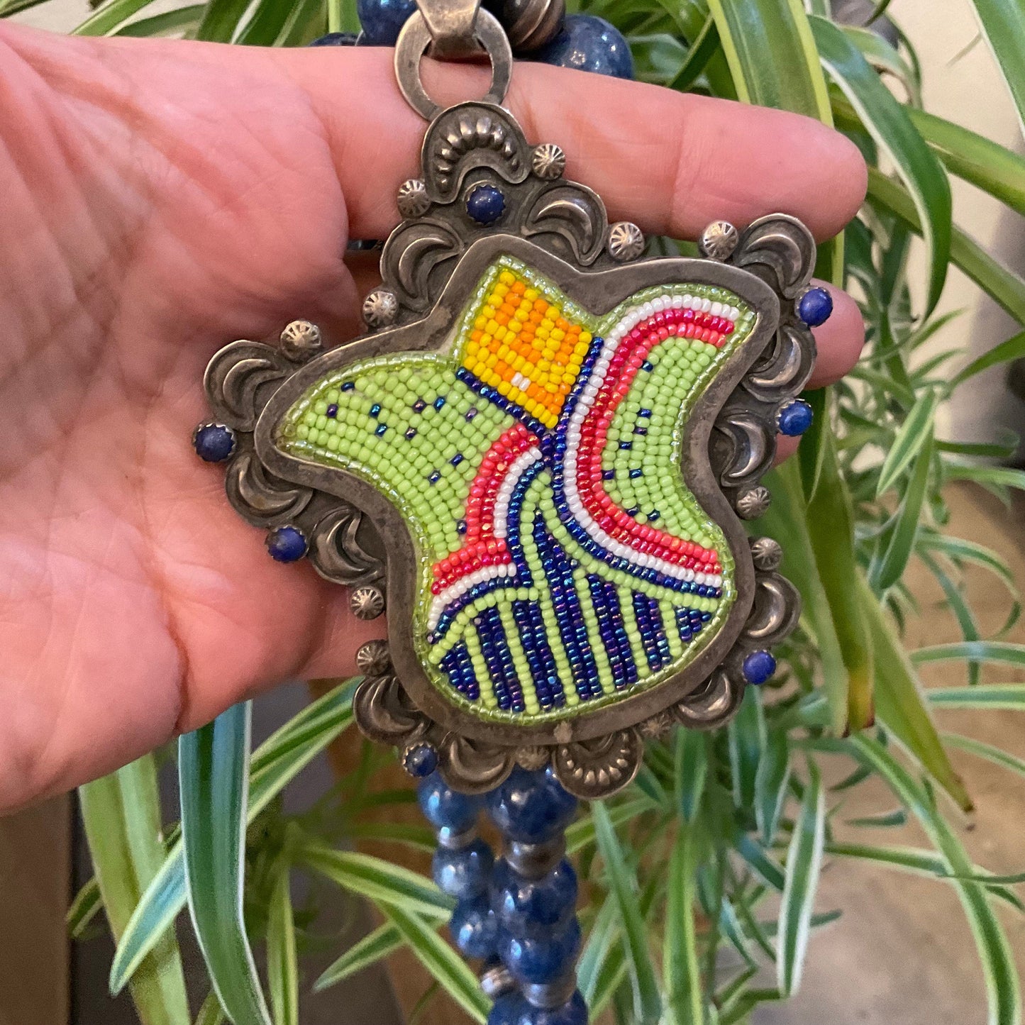 Sterling Silver beaded statement tulip necklace pendant lapis lazuli Colors Of Etnika