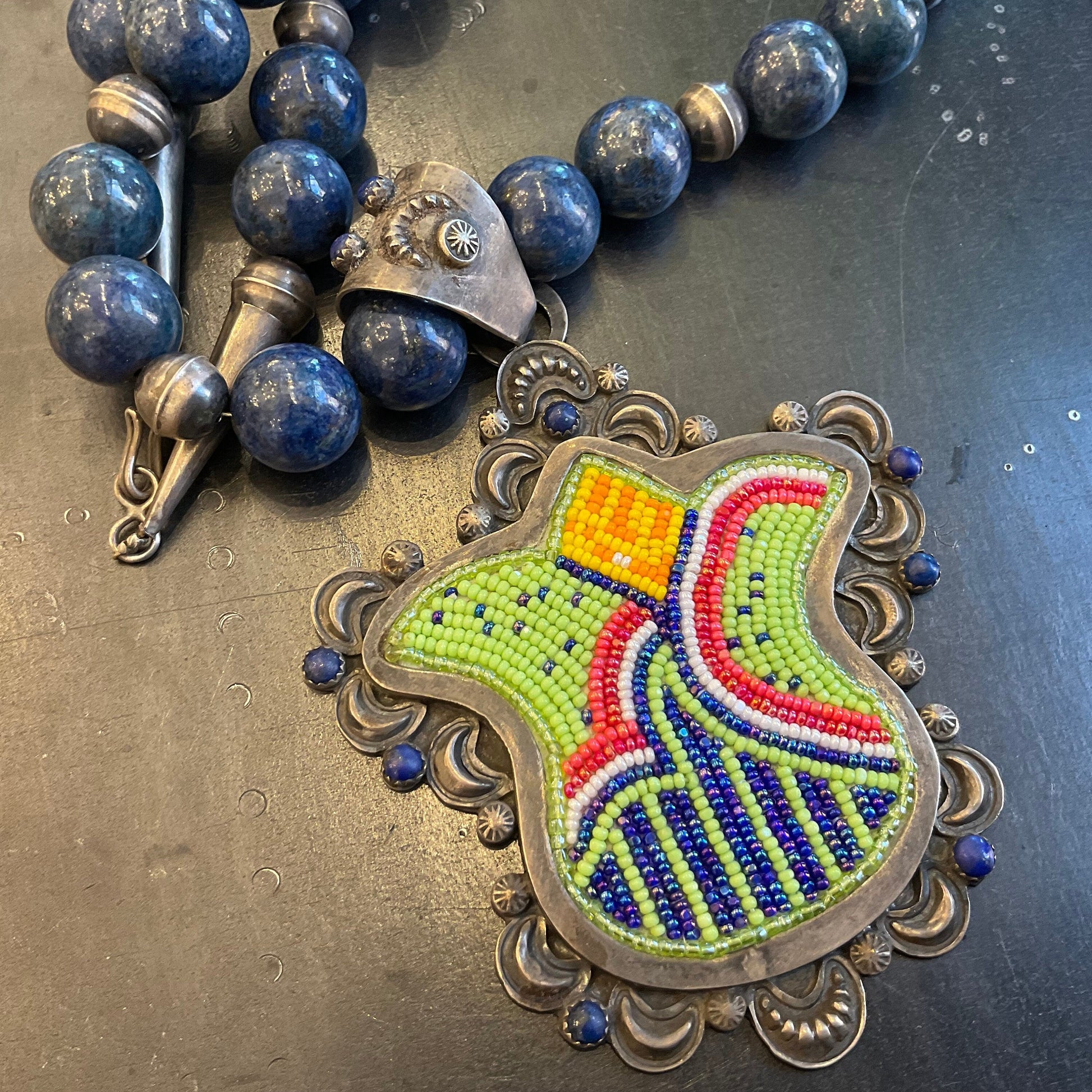 Sterling Silver beaded statement tulip necklace pendant lapis lazuli Colors Of Etnika