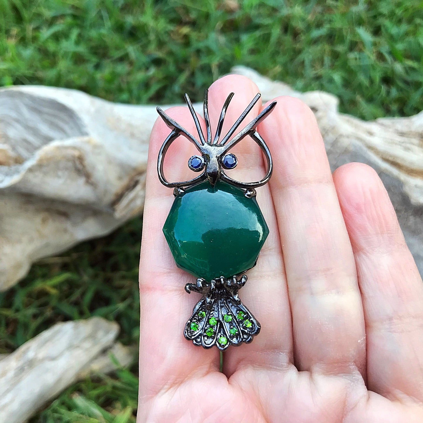Artisan sterling silver green onyx blue sapphire  Pin  brooch Colors Of Etnika