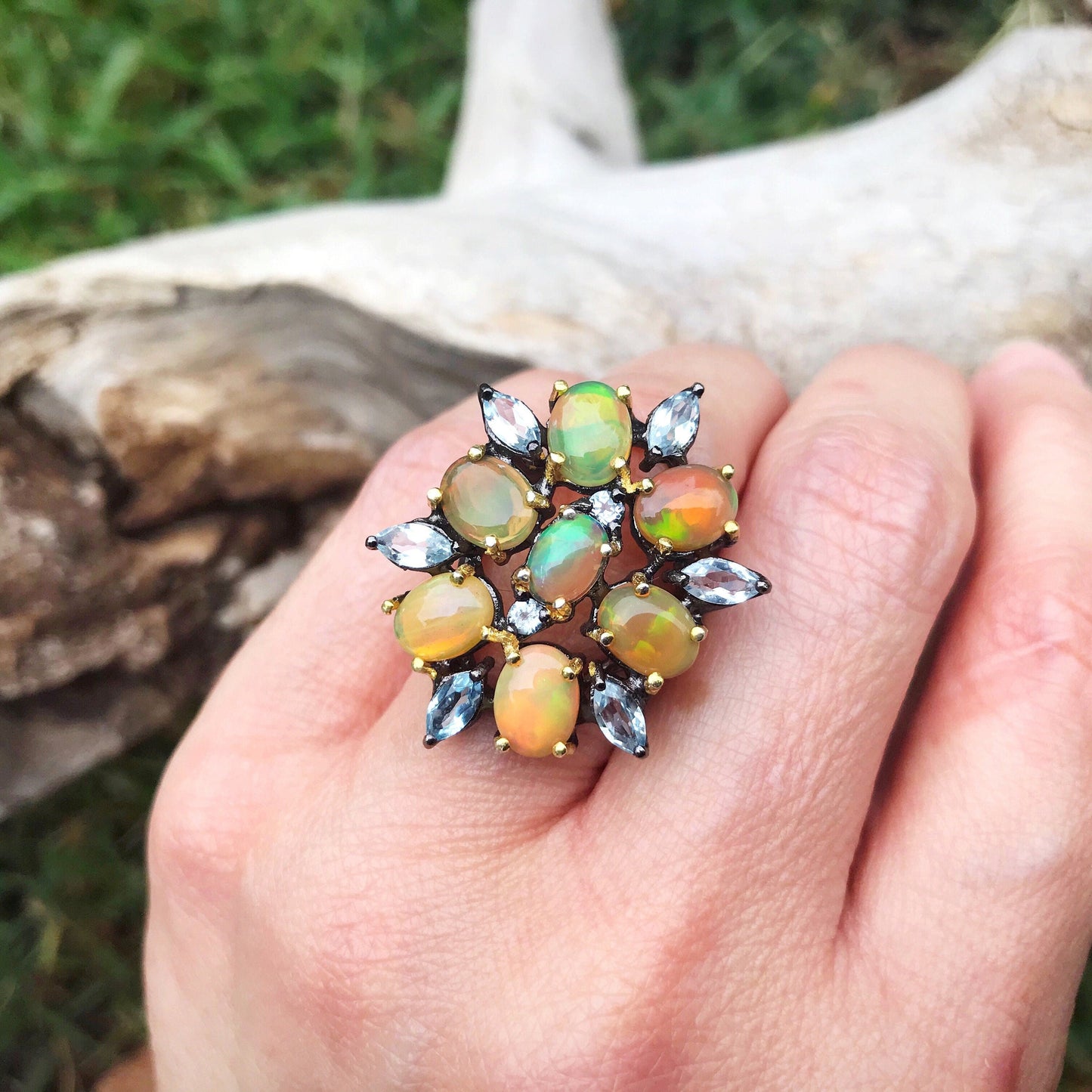 Natural Rainbow opal organic topaz  Sterling Silver statement Ring 7 Colors Of Etnika