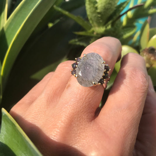 sterling silver rutilated quartz black opal ring 6.5