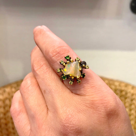 Rough Rainbow Opal Sterling Silver Ring: Peridot & Chrome Diopside, Size 7