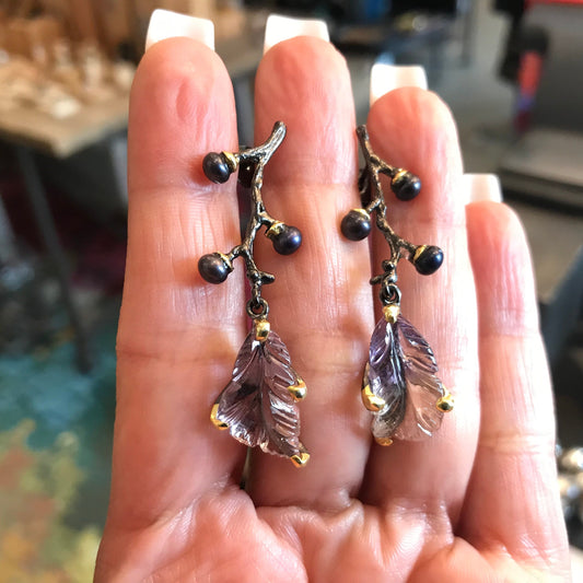 Sterling silver Leaf Ametrine black  pearls Etnika  Earrings
