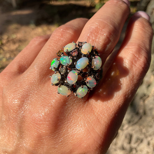 Sterling Silver black opal Etnika tourmaline cluster Ring 8