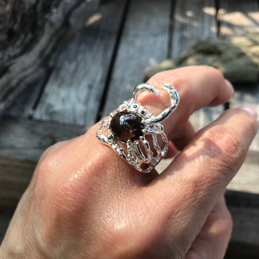 Sterling  silver Smokey Quartz crab statement Ring 5.5