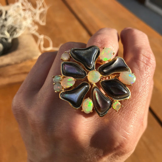 Sterling Silver Fire opal gold mop ring fancy Ring 10