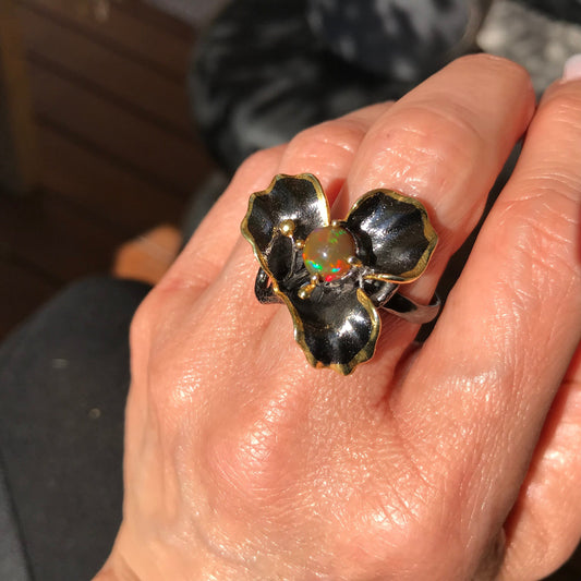 sterling silver Natural art opal flower ring 9