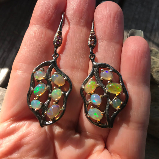sterling silver Rainbow cluster Natural opal  earrings