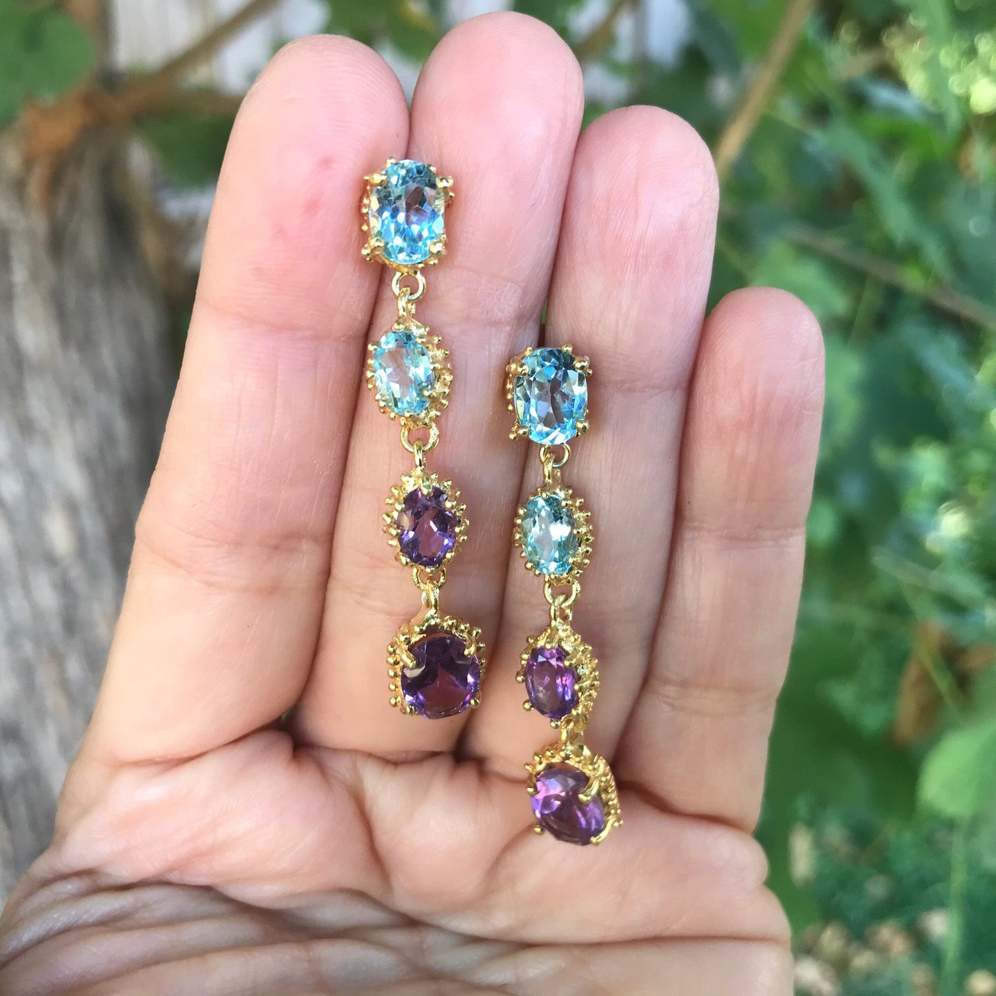 sterling Silver Amethyst Long Dangle topaz earrings Colors Of Etnika