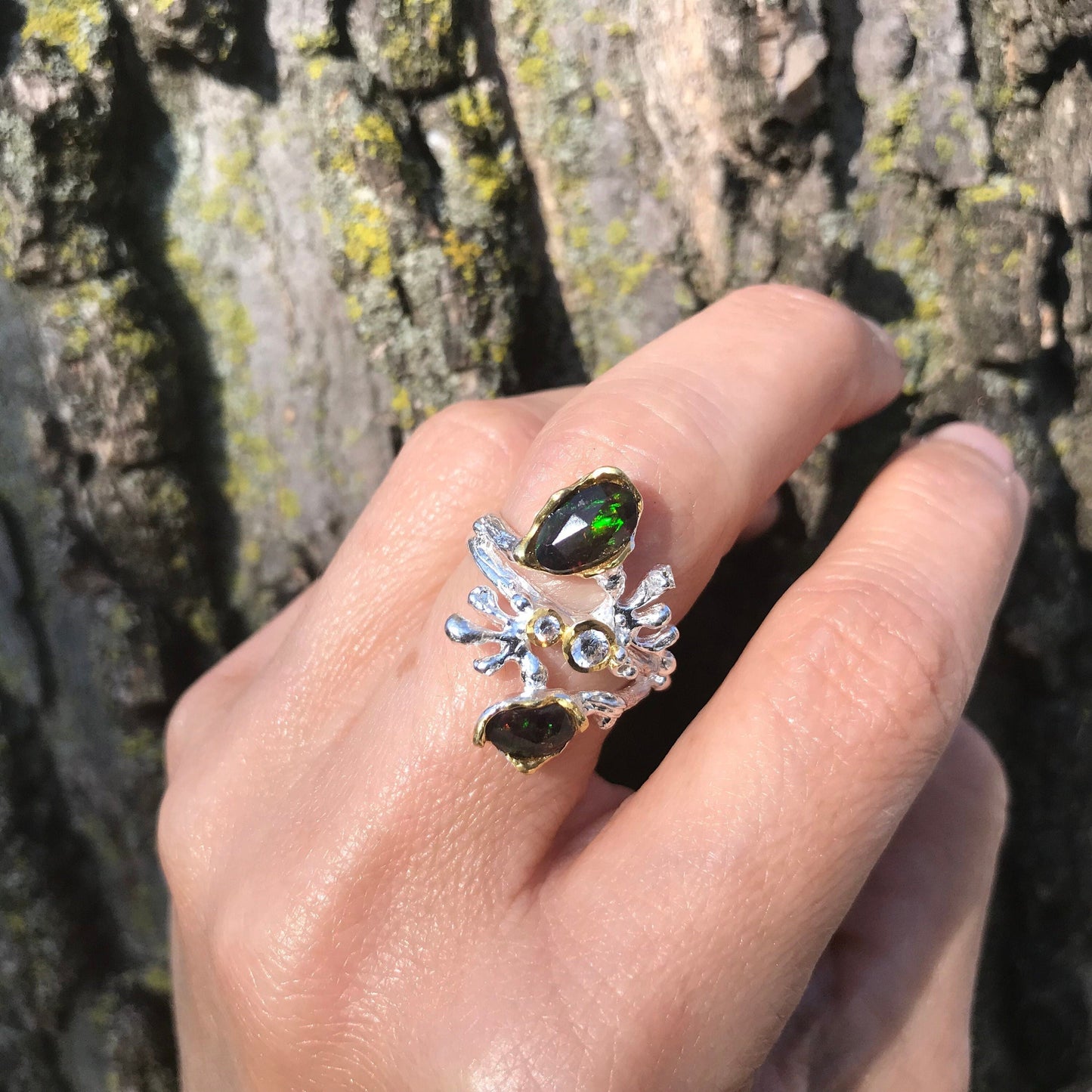 Sterling Silver black Natural Opal coral reef ring 5.5 Colors Of Etnika