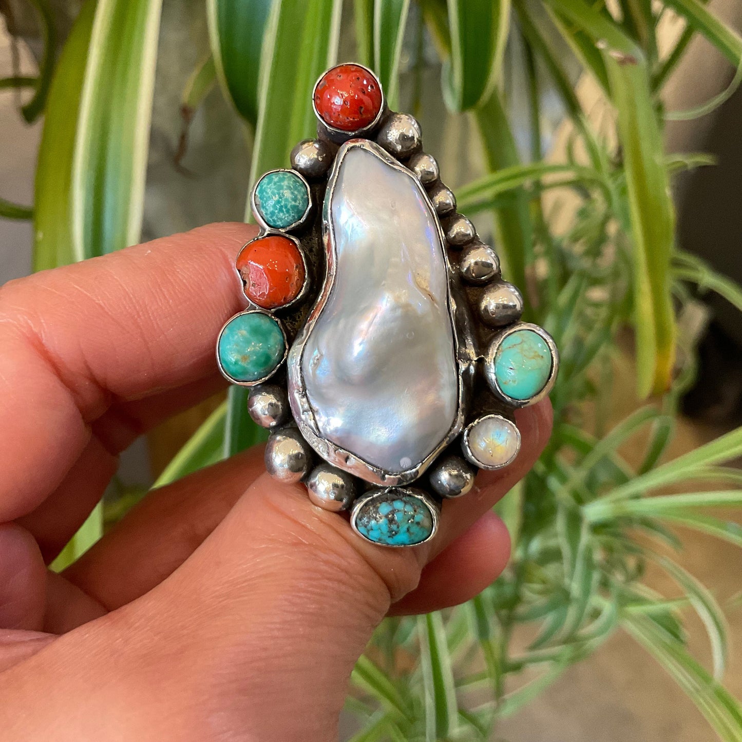 Sterling Statement coral turquoise baroque pearl cuff ring