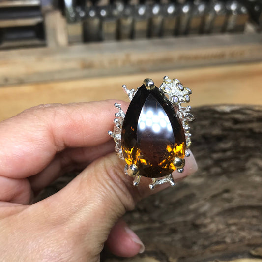 sterling silver 40ct cognac quartz  statement ring 8