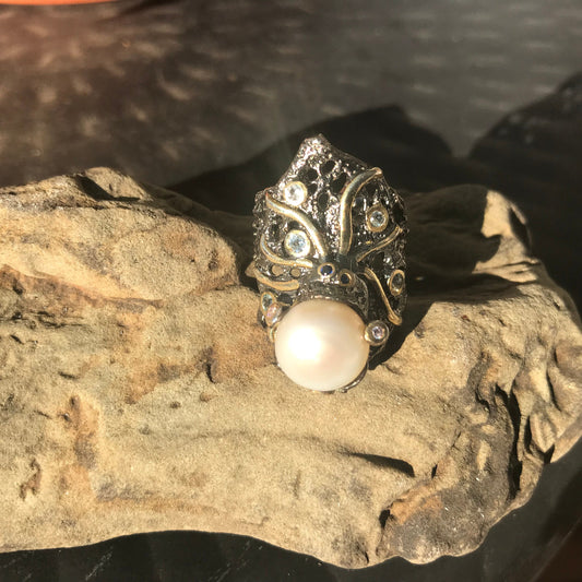 Sterling Silver octopus squid Statement Pearl ring 7