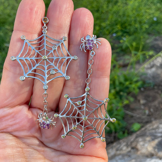 Sterling Silver Spider web citrine Rhodolite dangle earrings