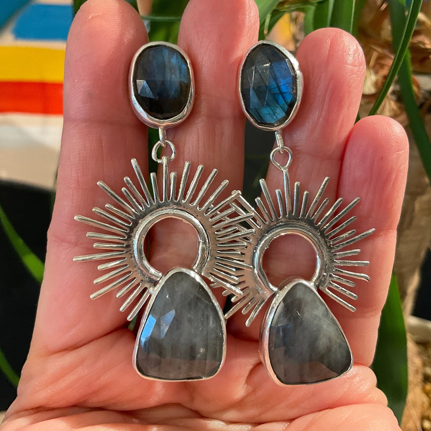 Sterling Silver labradorite sapphire sunburst statement earrings Colors Of Etnika
