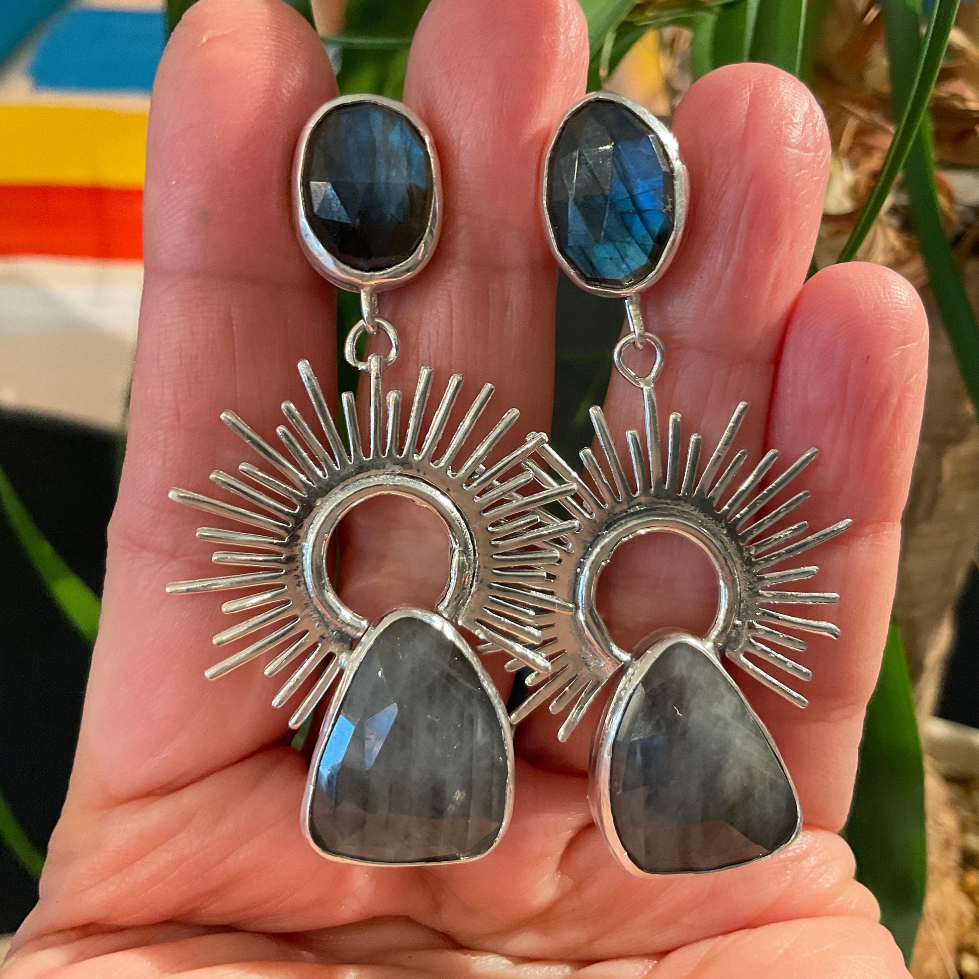Sterling Silver labradorite sapphire sunburst statement earrings Colors Of Etnika